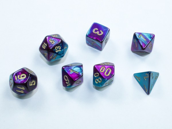 Chessex Mini Dice: Gemini Purple-Teal/gold - 7 w4-20