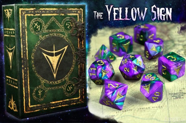 Elder Dice: Yellow Sign of Hastur - Masked Purple and Green Polyhedral Dice Set (Box)