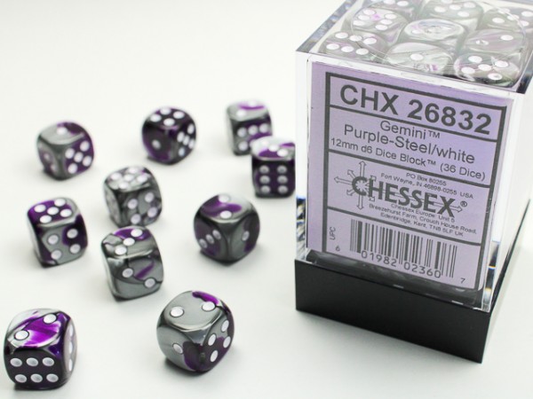 Chessex Gemini Purple Steel w/ White - 36 w6 12mm