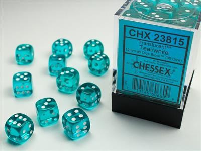 Chessex Translucent Teal w/ White - 36 w6 (12mm)