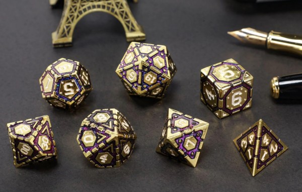 Metal Dice Set: Solid Metal Star Map Dice - Gold with Glitter Purple