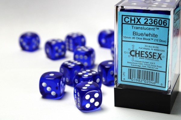 Chessex Translucent Blue w/ White - 12 w6 (16mm)