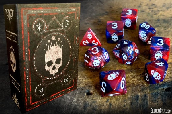Elder Dice: Mark of the Necronomicon - Bone White on Blood and Magick Polyhedral Dice Set (Box)