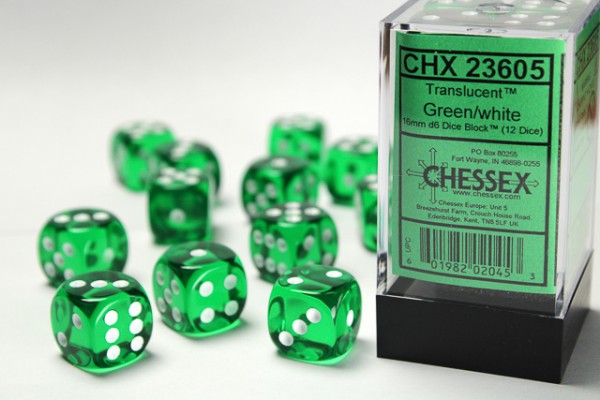 Chessex Translucent Green w/ White - 12 w6 (16mm)