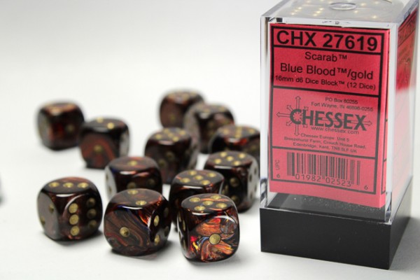 Chessex Scarab Blue Blood w/ Gold - 12 w6 16mm