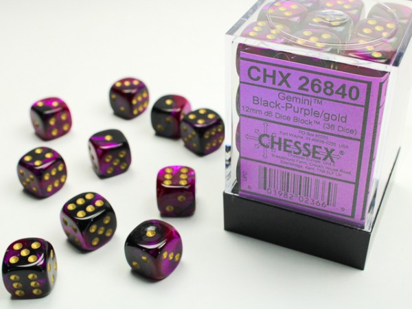 Chessex Gemini Black Purple w/ Gold - 36 w6 12mm