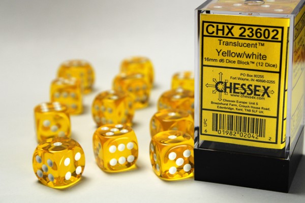 Chessex Translucent Yellow w/ White - 12 w6 (16mm)