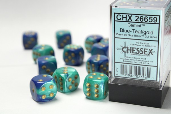 Chessex Gemini Blue Teal w/ Gold - 12 w6 (16mm)