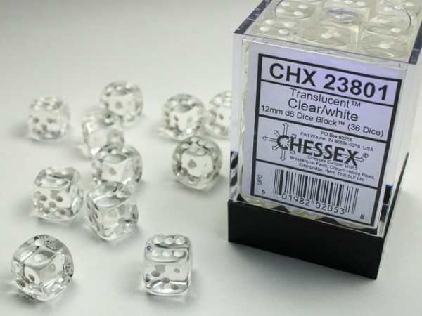 Chessex Translucent Clear w/ White - 36 w6 (12mm)