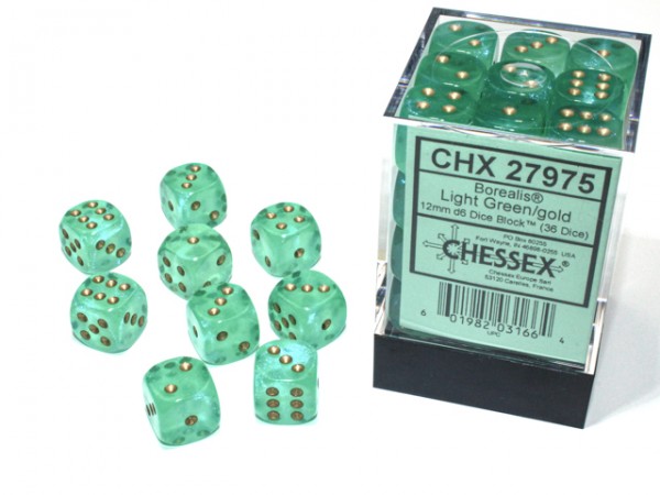 Chessex Borealis Light Green w/ Gold Luminary - 36 w6 (12 mm)