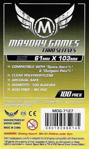 Mayday Games 100 Sleeves Clear Space Alert or Dungeon Petz (61 x 103mm)
