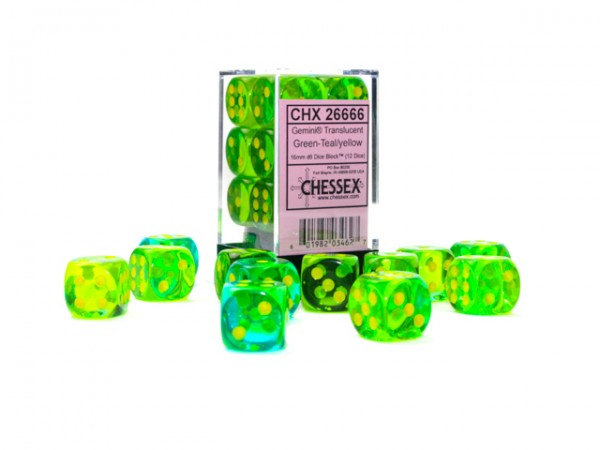 Chessex Gemini Translucent Green Teal w/ Yellow - 12 w6 (16mm)