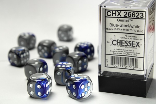 Chessex Gemini Blue Steel w/ White - 12 w6 16mm