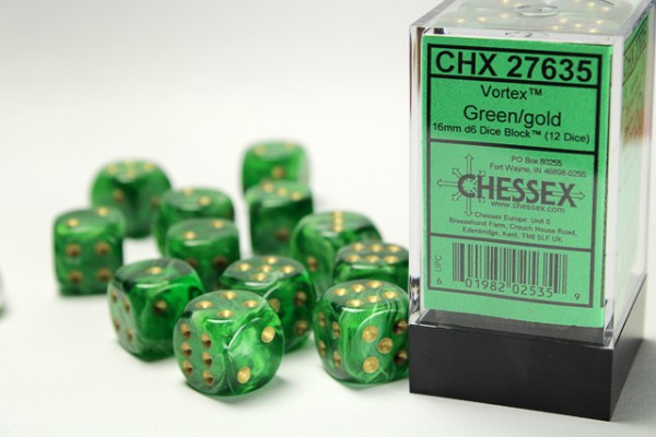 Chessex Vortex Green w/ Gold - 12 w6 16mm