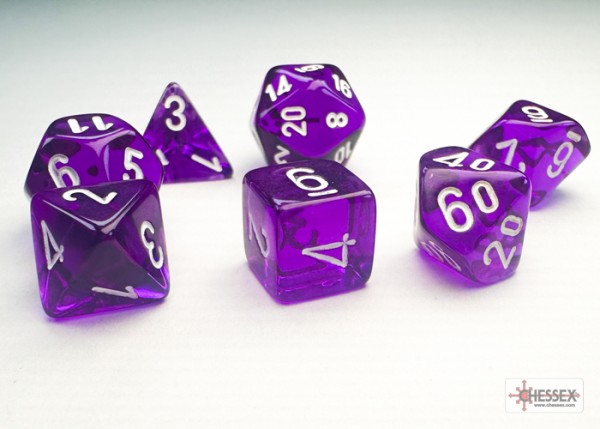 Chessex Mini Dice: Translucent Purple w/ White - 7 w4-20
