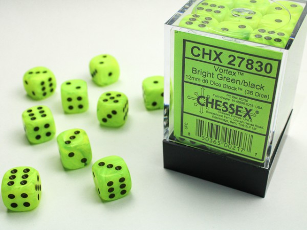 Chessex Vortex Bright Green w/ Black - 36 w6 (12mm)