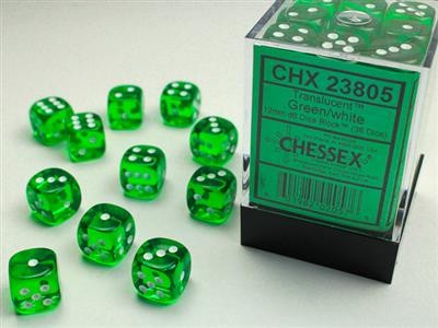 Chessex Translucent Green w/ White - 36 w6 (12mm)