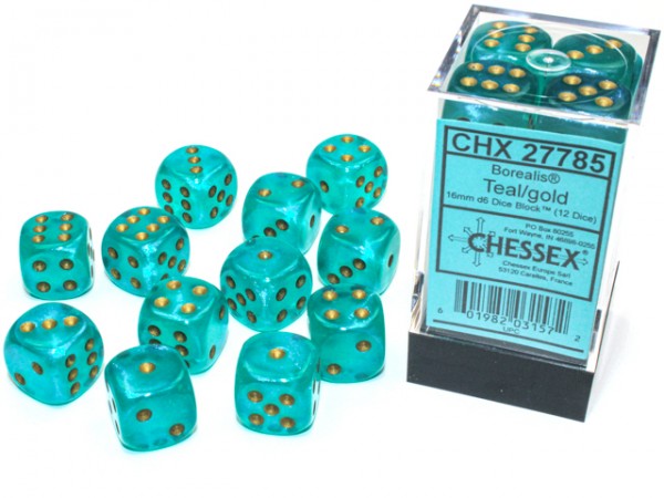 Chessex Borealis Teal w/ Gold Luminary 12 w 6 (16mm)