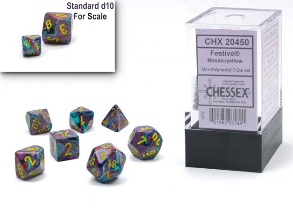 Chessex Mini Dice: Festive Mosaic w/ Yellow - 7 w4-20