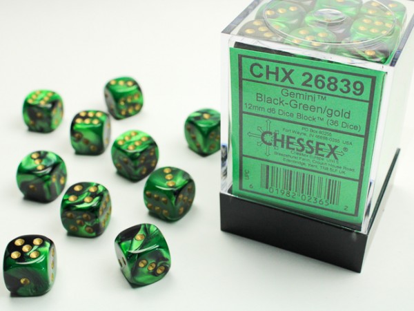 Chessex Gemini Black Green w/ Gold - 36 w6 12mm