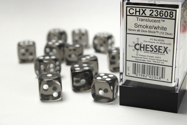 Chessex Translucent Smoke w/ White - 12 w6 (16mm)