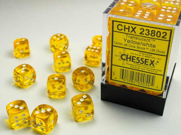 Chessex Translucent Yellow w/ White - 36 w6 (12mm)