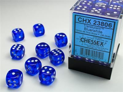 Chessex Translucent Blue w/ white - 36 w6 (12mm)