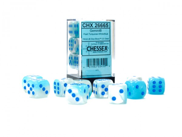 Chessex Gemini Pearl Turquoise-White/blue Luminary - 12 w6 (16mm)