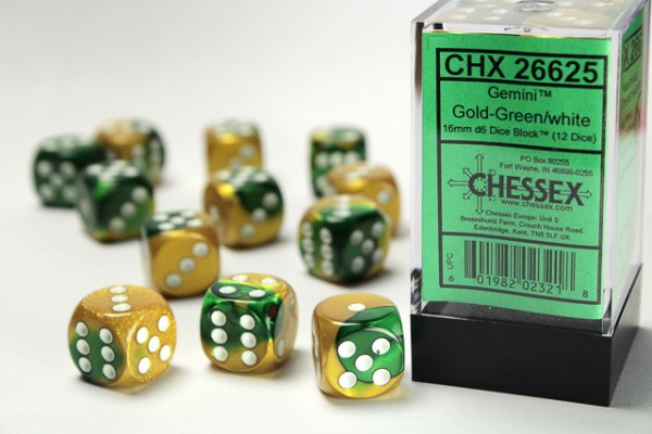 Chessex Gemini Gold Green w/ White - 12 w6 16mm