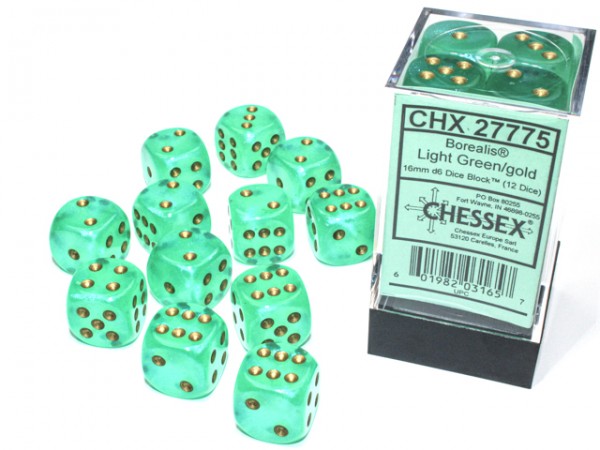 Chessex Borealis Light Green w/ Gold Luminary - 12 w6 (16 mm)