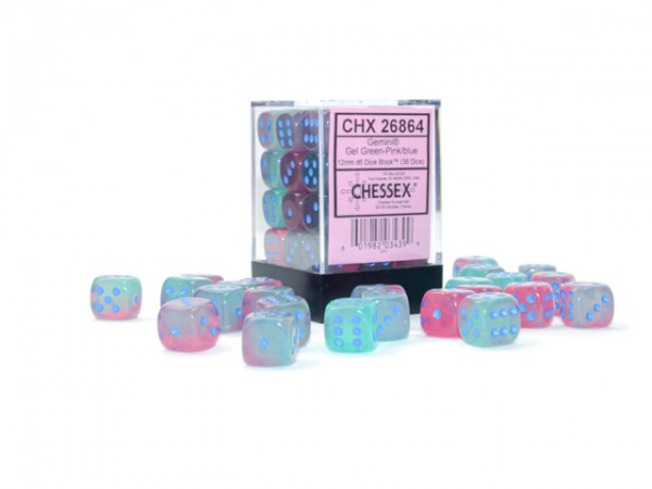 Chessex Gemini Gel Green Pink w/ Blue Luminary - 36 w6 (12mm)