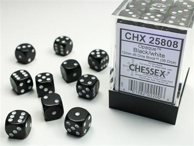 Chessex Opaque Black w/ White - 36 w6 (12mm)